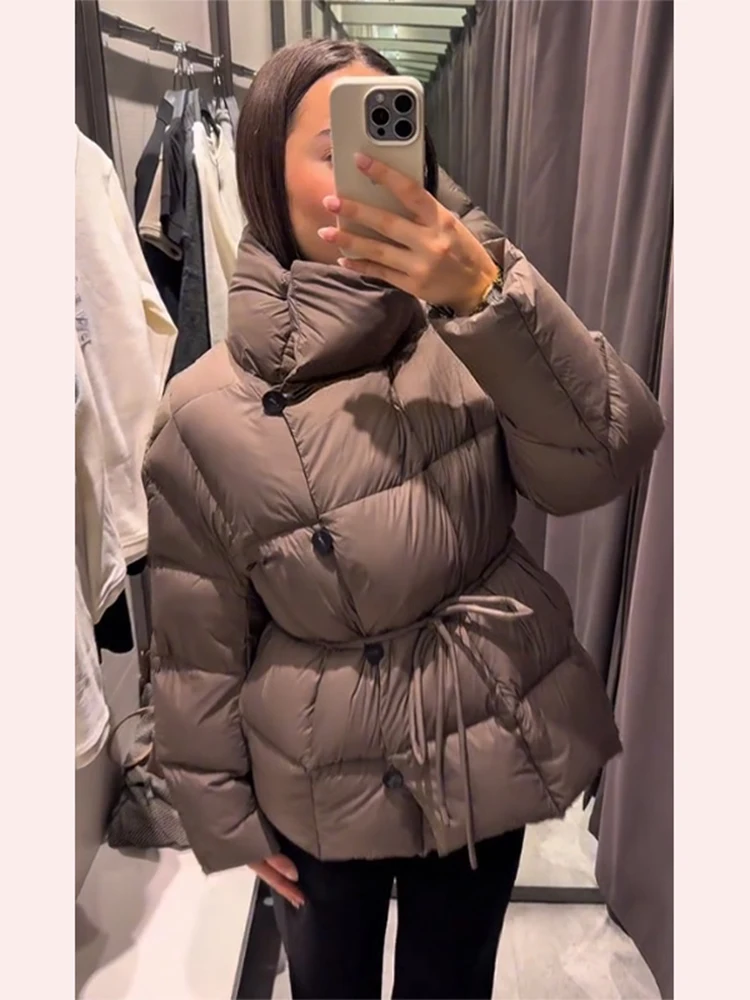 Solid Women's Coat Stand Collar Single Breasted Belt Lace Up Loose Female Cotton Padded Coats 2025 Autumn Fashion Lady Outwear