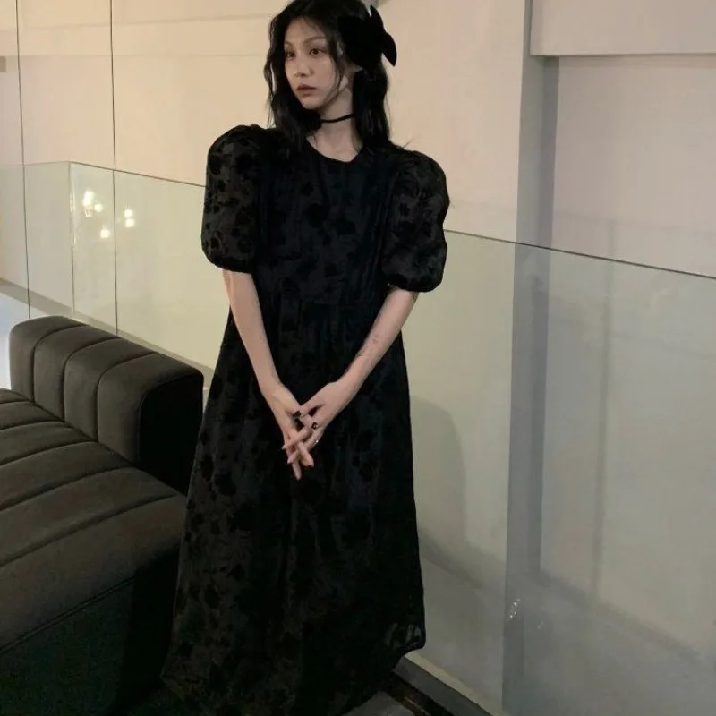 Black Rose Dresses Women Maxi Gothic Vintage Puff Sleeve Lolita Style Streetwear Summer Loose Fashion Chic All-match Temperament