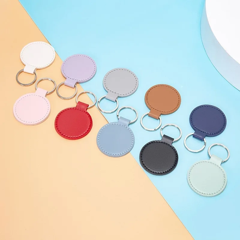 New Simulation Leather Round Keychain High-end PU Leather Car Keychain Pendant Retro High-end Printable Laser Engraving Logo