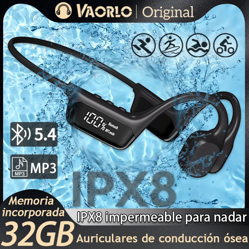 Original Bluetooth 5.4 Auriculares inalámbricos de conducción ósea verdadera 32 GB Reproductor de MP3 IPX8 Impermeable Natación Deportes Auriculares de música HIFI con micrófono Pantalla LED