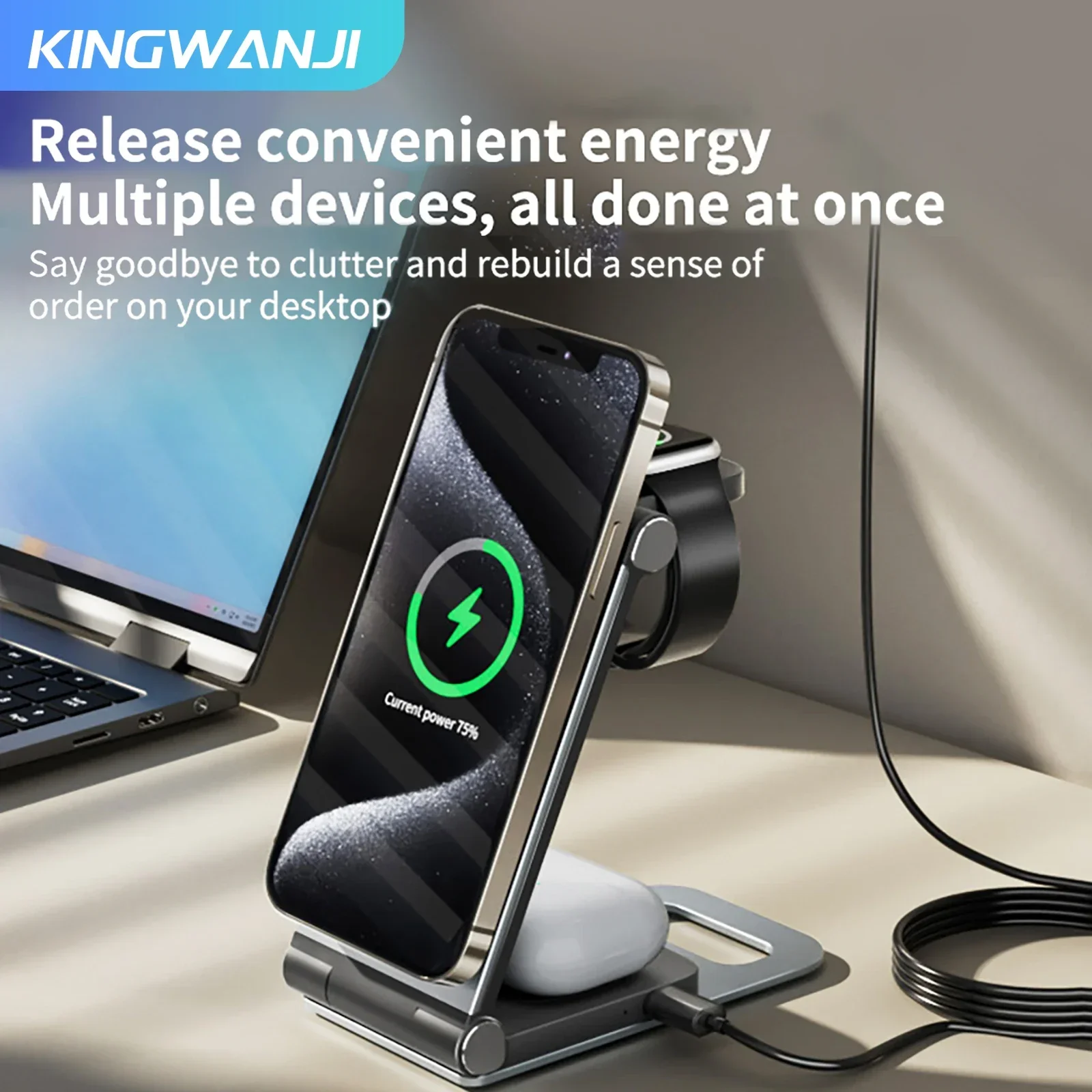 

Kingwanji T9 15W Fast Wireless Charger Stand 3 in 1 Foldable for iPhone 15 14 13 12 11 Apple Watch 9 8 7 6 5 Airpods Pro