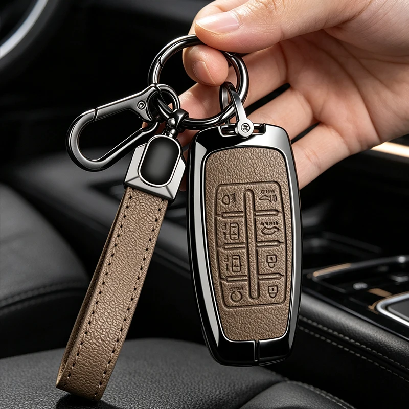 Zinc Alloy Leather Car Key Case Cover For Hyundai Genesis GV70 GV80 GV90 2020 2021 2022 Protect Shell Accessories