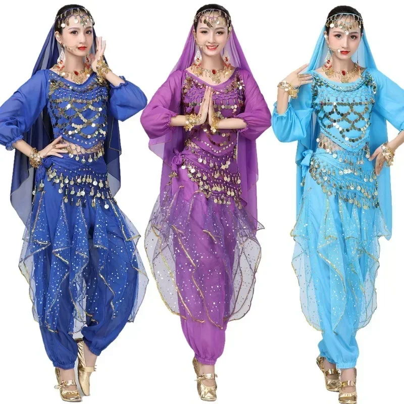 Image of Erwachsene Glänzende Bauchtanz Outfit Frauen Pailletten Top + Hosen Kostüm Set Dame Orientalischen Indischen Tanz Arabischen Prinzessin Kleidung Outfit set