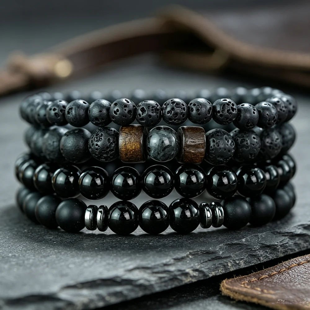 Einzigartiges 4-teiliges Set Naturstein-Armband für Männer, Lava-Matt-Obsidian-Perlen, Heilenergie-Armband, Yoga, Casual Herrenschmuck