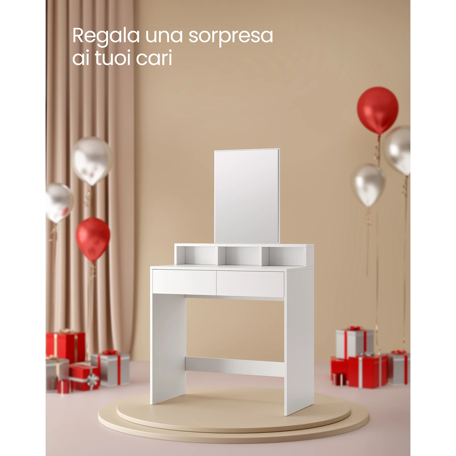 VASAGLE tavolo da toeletta bianco moderno con grande specchio rettangolare, 2 cassetti, 3 scomparti