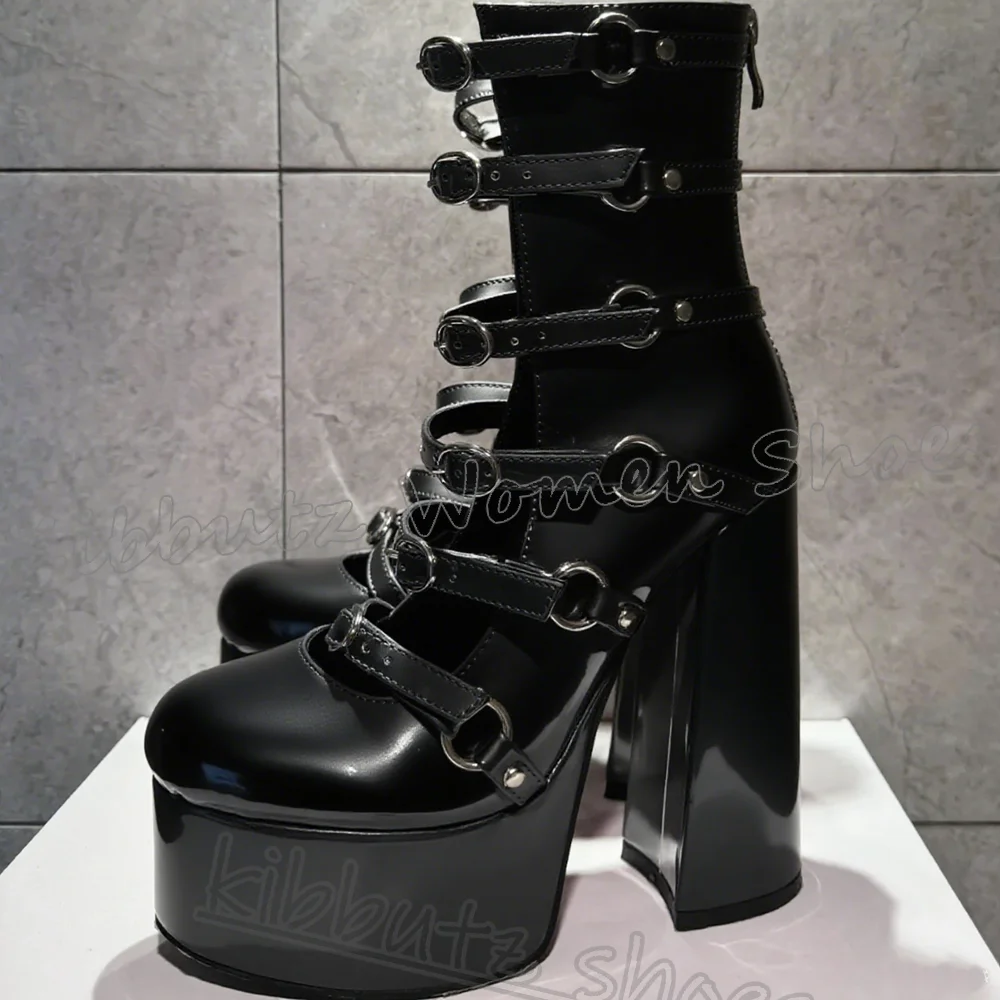 

Belt Buckle Pumps Platform Genuine Leather Round Toe Chunky Heel Solid Color Fashion Elegant Concise Sexy Women Shoes New Zipper