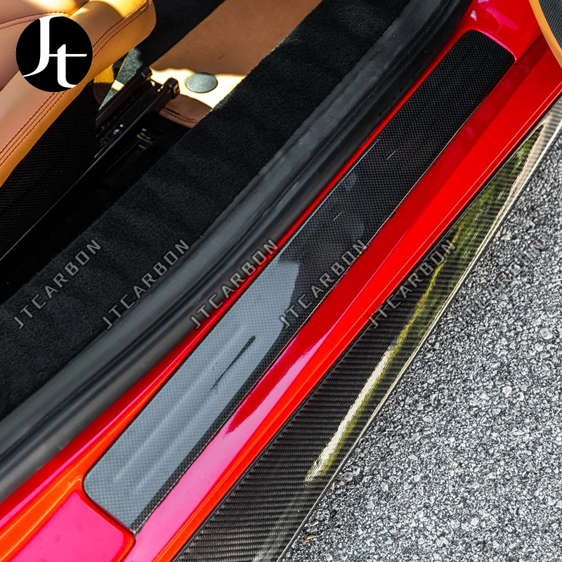 JTCARBON 2Pcs Dry Carbon Fiber Car Door Pedals With Logo Interior Door Sill Sticker For Ferrari 488 F8 Car Threshold Accessory