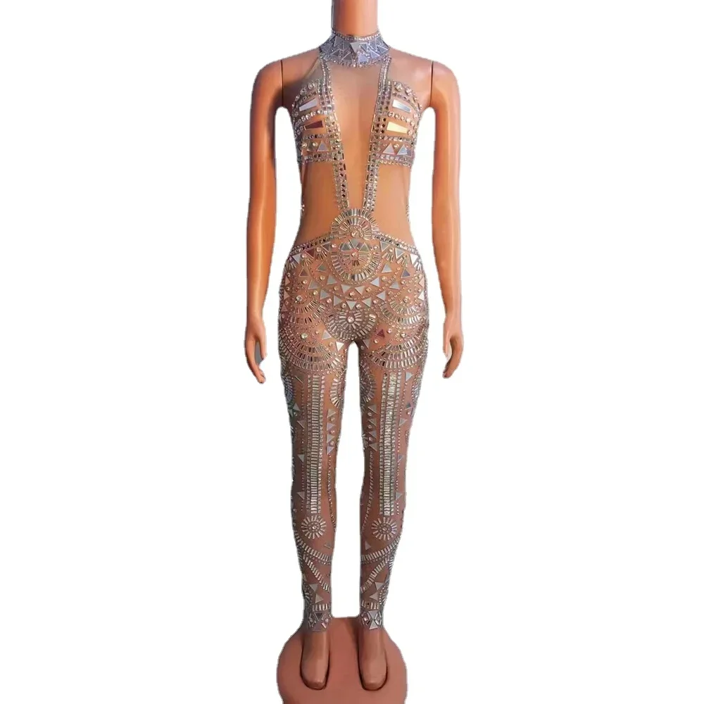 라인스톤 거울 메쉬 투명 점프수트 민소매 섹시 타이트 생일 파티 의상 댄서 쇼 롬퍼 무대 의상