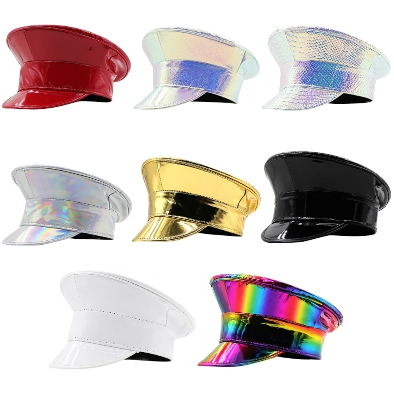 PatentLeather Military Hat for Women Bachelorette Party Hat Glitter DjHat Captain Cap Stage Performances Club Headdress