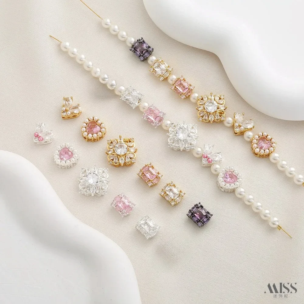 Silver 18K Gold Bag Color Retention Inlaid Zircon Peach Heart Love Square Bead Diy Bracelet Necklace Jewelry Accessories