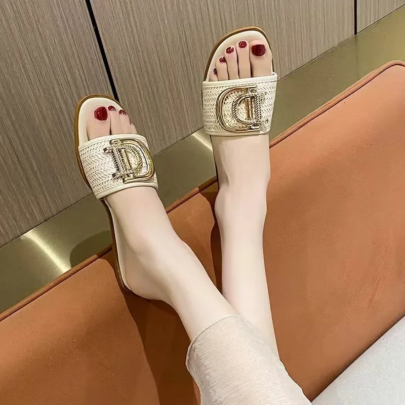 Women Luxury Decor Weave Design Flat Sandals Fashion Open-toe Vacation Casual Slides Party Sexy Elegant Office-Ladies New Shoes