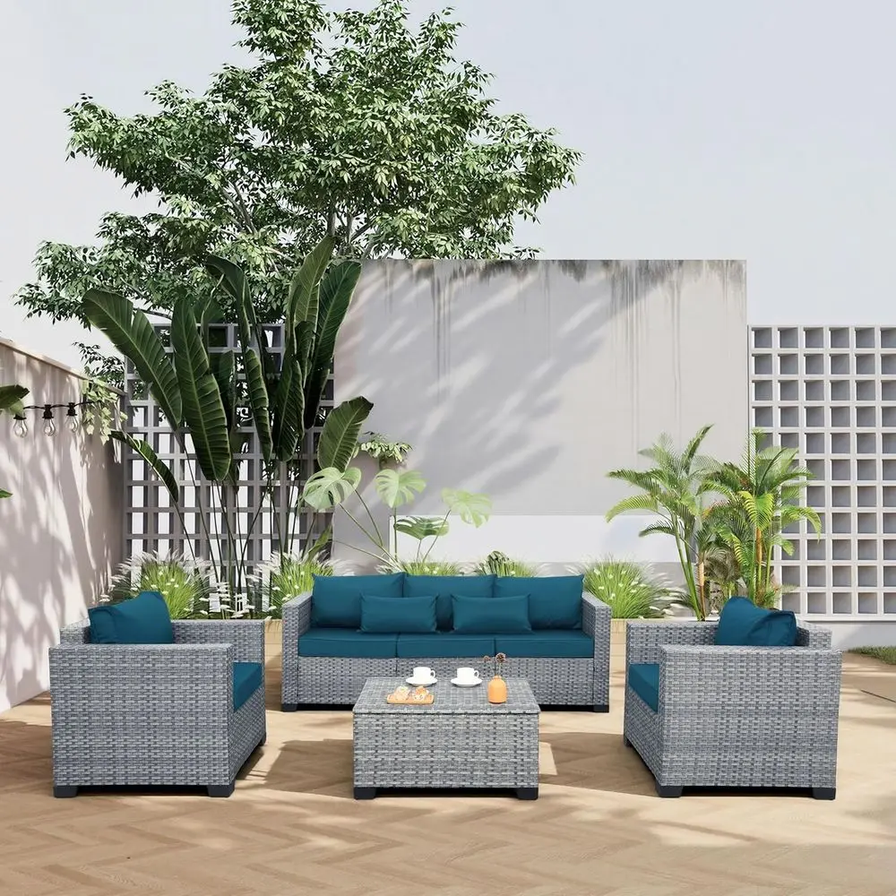 

4 Piece Wicker Patio urniture Sets Outdoor Contion Set PE Rattan Sectional Soa Couch with Storage Table and Peacock Blue Cushion