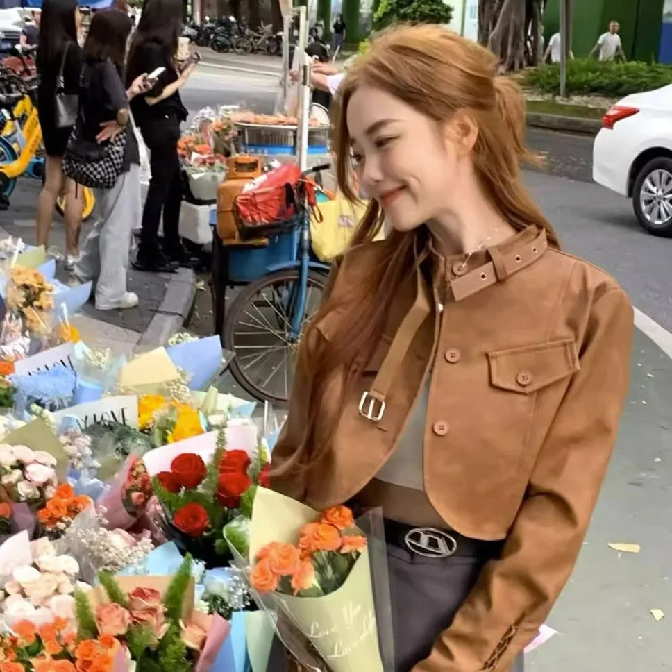 Brown Motorcycle Jaet Women's ort Sle Hong Kong Faion Retro Spring Autumn New Ins Small Size PU Leather Coat Top