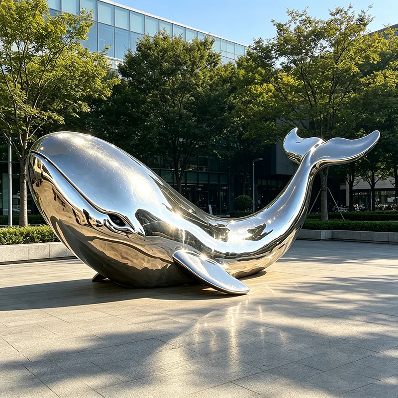 Modern Abstract Mirror Polished Stainless Steel Whale Sculpture Large Outdoor Metal Art for Garden Landscape Decoration