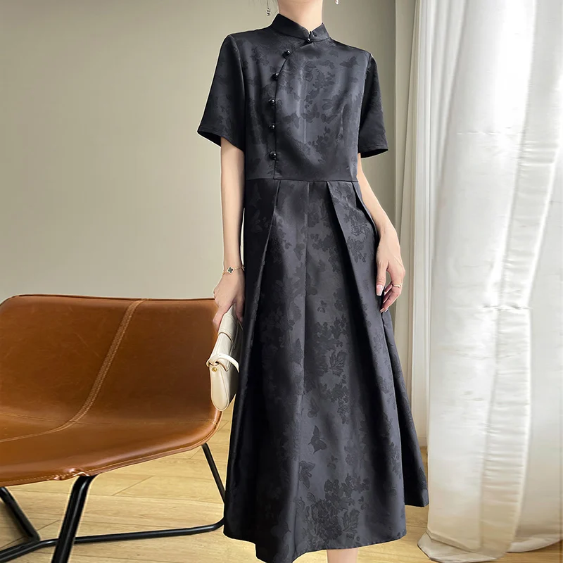 Summer New Jacquard Commuter Acetic Satin Cheongsam Dress Female Retro New Chinese National Style Short Sleeve Horse Face Dress