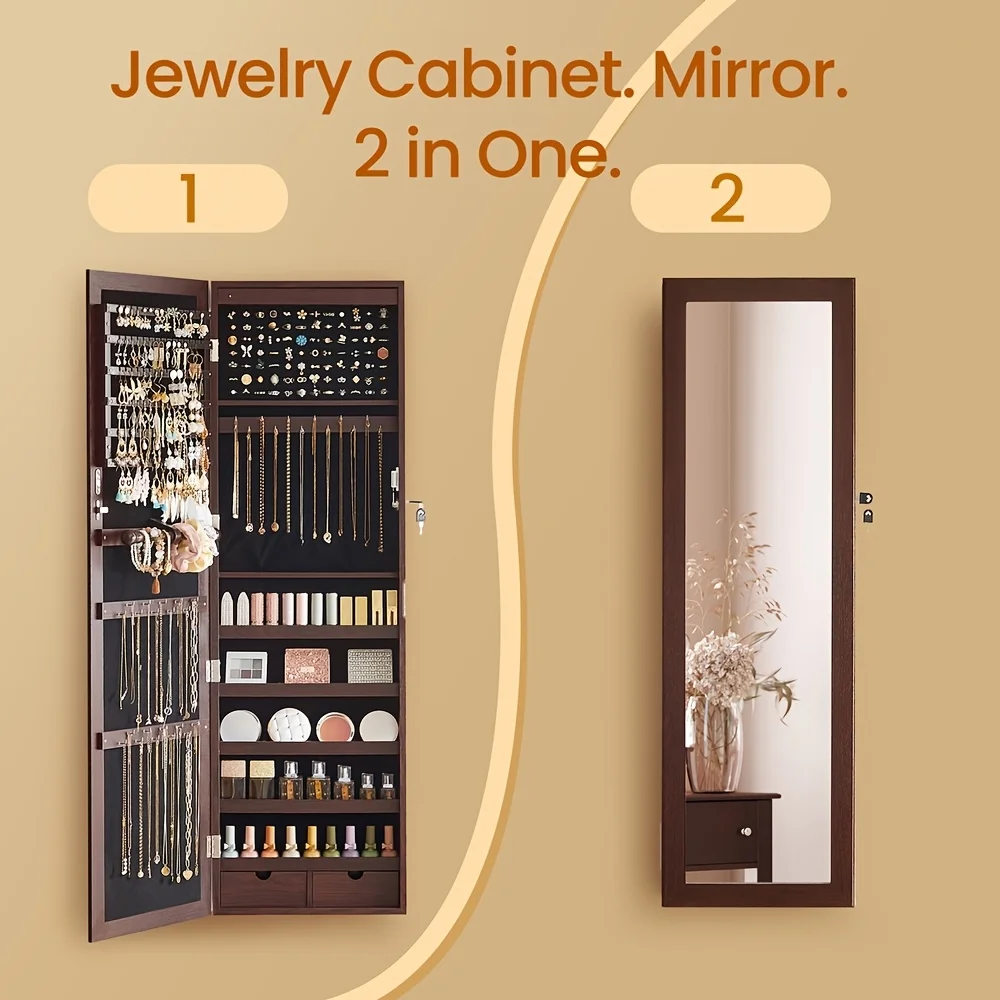 

LED Mirror Jewelry Cabinet, 47.2-Inch Tall Lockable Wall & Door Mounted Jewelry Armoire, Modern Style Decorative Jewelry Storage Organizer with 2 Drawers for Vanity Room & Living Room Decor, Ideal Gift Choice, Christmas Gift, Jewelry Armoires
