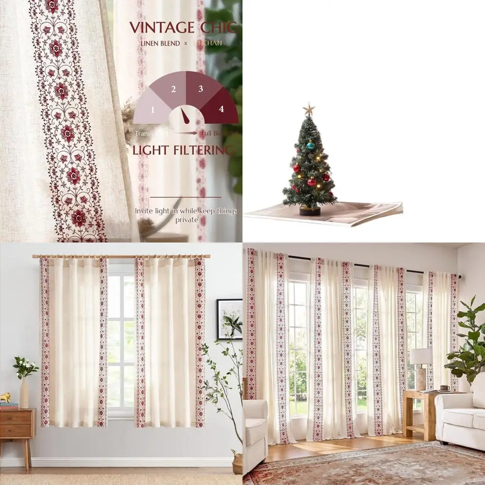 

Red Vintage Floral Linen Blend Curtains, 63 for Bedroom and Living Room, Embroidered Light Filtering, Rod Pocket, 2 Panels