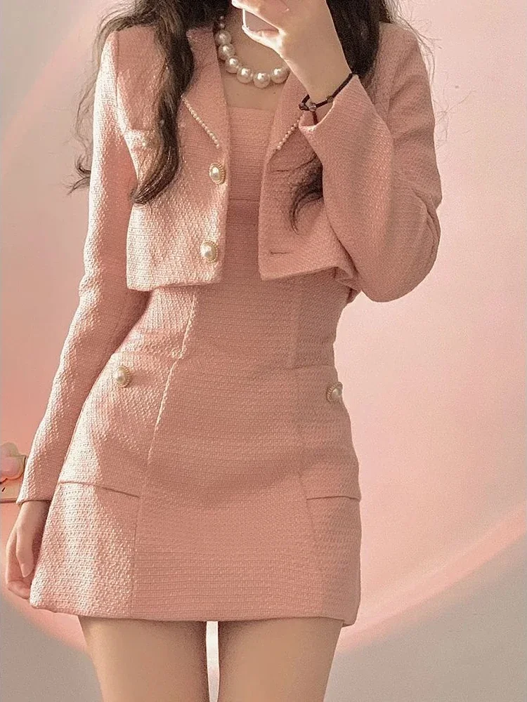 

2024 Autumn Pink Elegant Two Piece Set Women Korean Style Balzer Coat+Strap Mini Dress Set Female Solid Casual Slim Designer Set