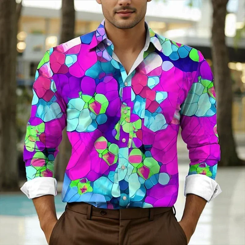 Men's Harajuku Casual Shirts Colorful Abstract 3d Pirnt Men Women T-shirt Ropa Hombre Outdoor Lapel Long Sleeve Tees Tops Homme