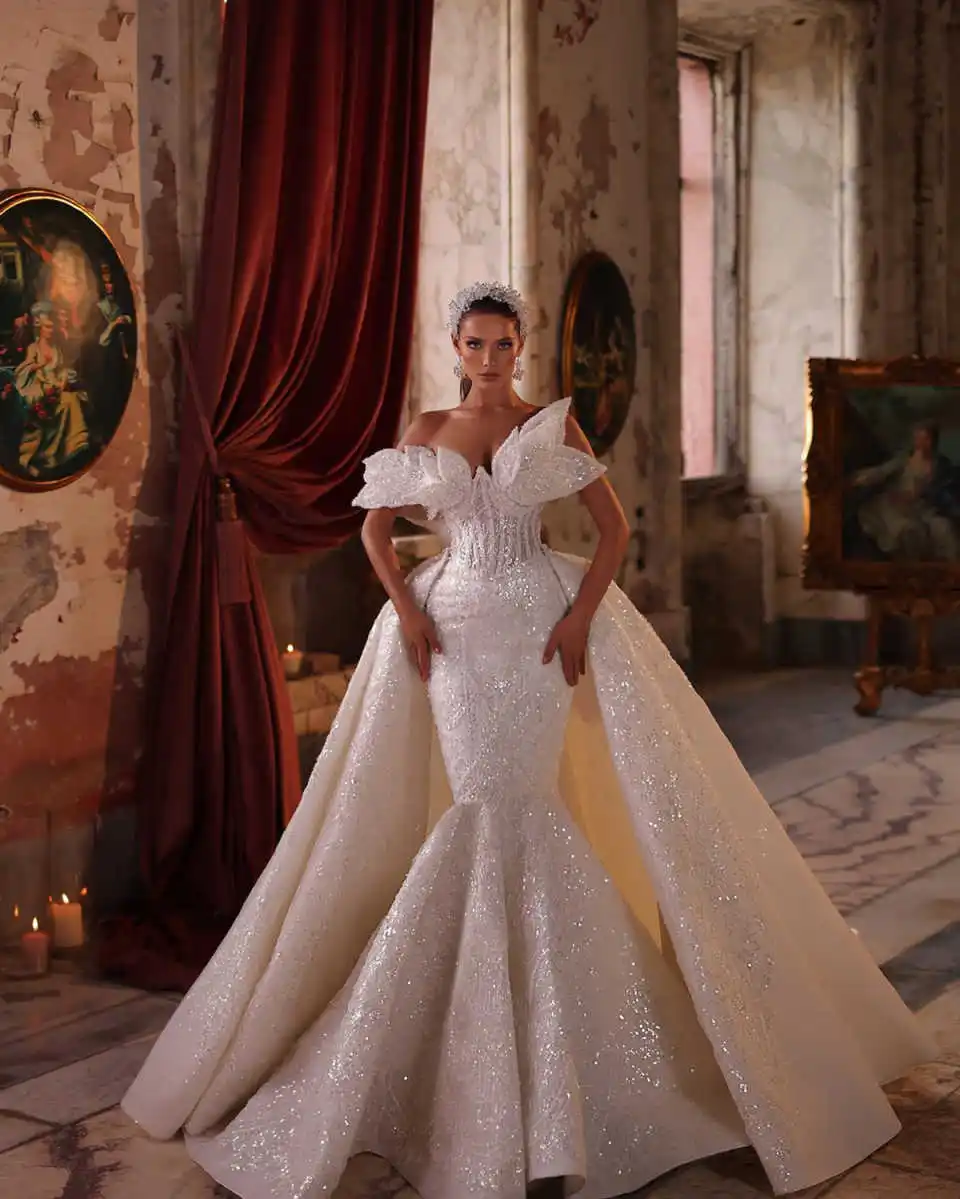 Magnifique robe de mariée sirène à paillettes, robes de patients personnalisées, une mariée initiée, tout ce qui est froncé, poignées amovibles, train de balayage