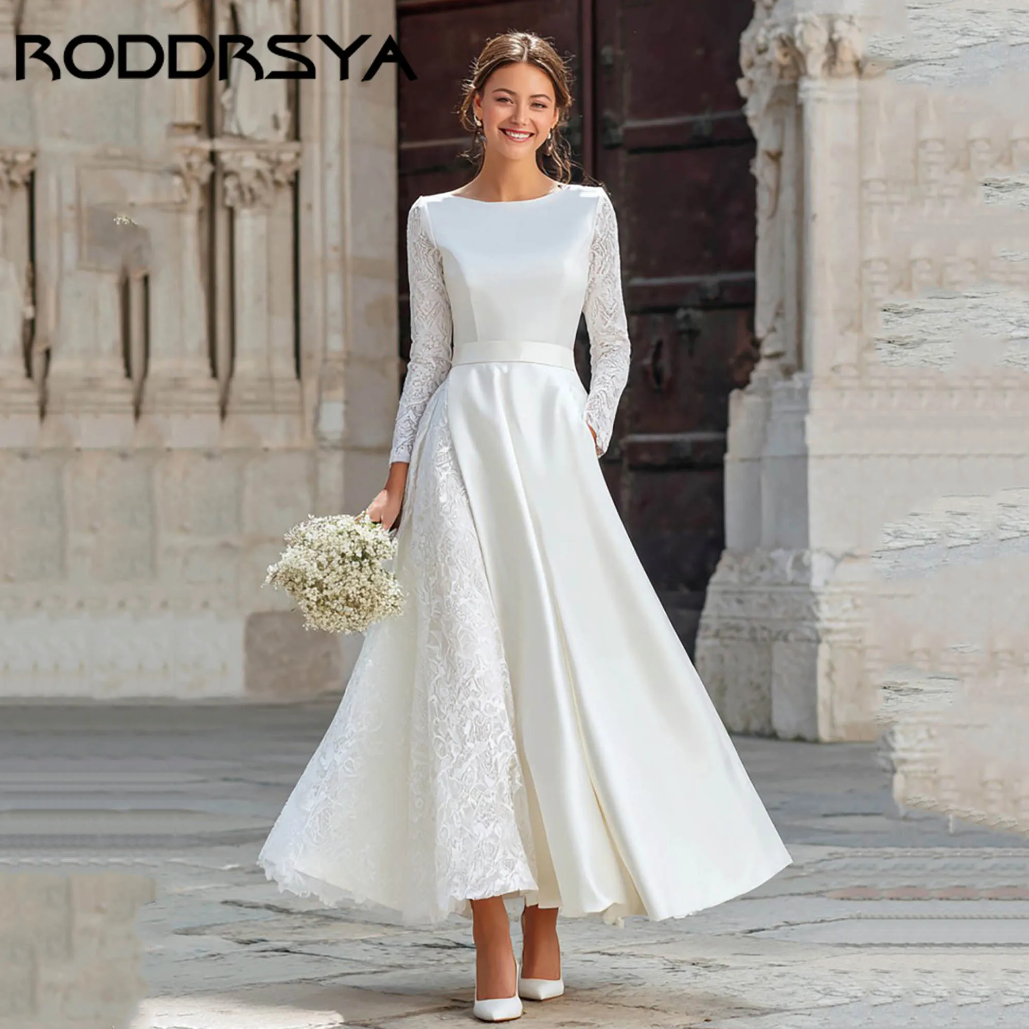 

RODDRSYA Long Sleeve Satin A Line Engagement Dress With Lace Classic Tea-Length Bridal Gowns O-neck vestidos de novia Customized