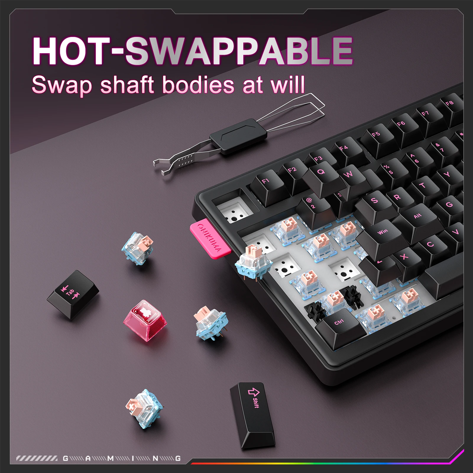 ONIKUMA MT706 Tastiera da gioco wireless Connessione Thri-mode Guarnizione Montaggio Tasto completo Tastiera personalizzata Esports RGB sostituibile a caldo