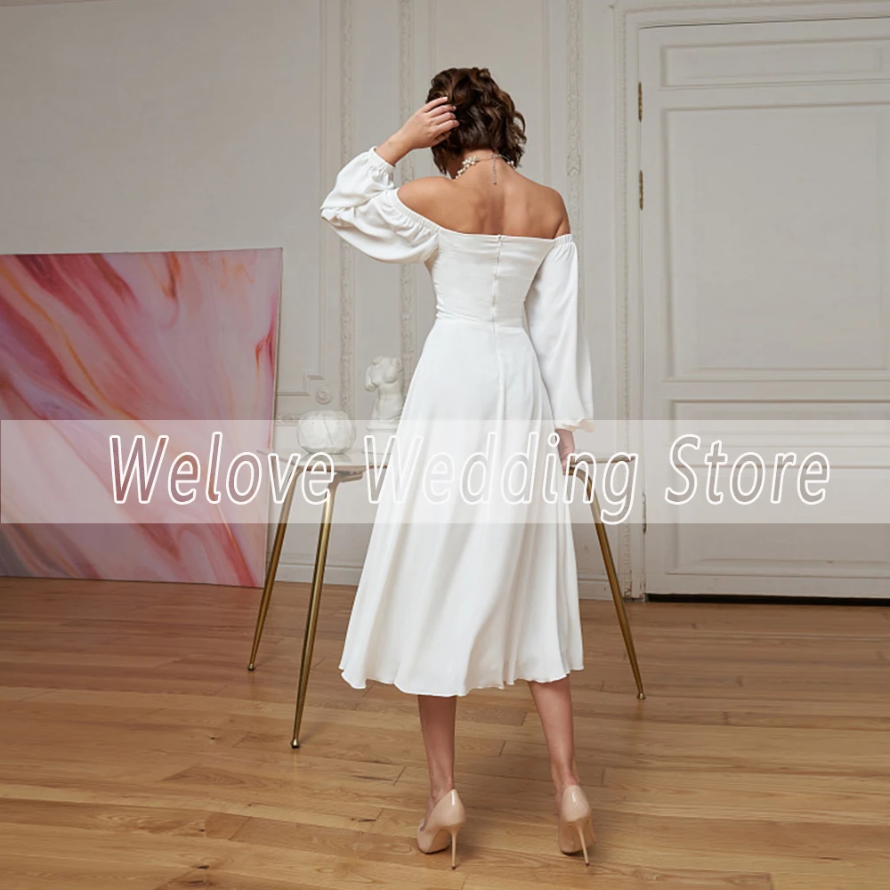 Robe de mariée civile longueur thé, épaules dénudées, manches longues, chérie, bon marché, patients, fermeture éclair, ligne A, simple