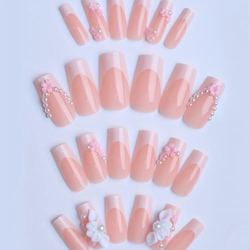 24Pcs Acrylic Flower/Pearl Rhinestones French False Nails Full Cover Medium Square Nude Press On Nails Sweet French Fake Nails & view 3