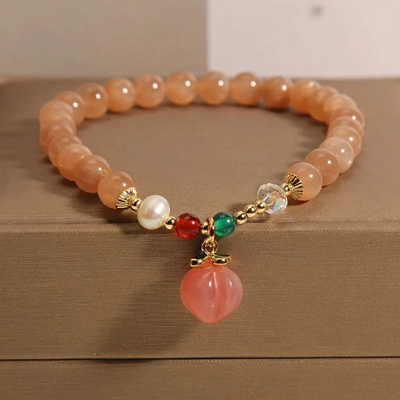 Natural Fashion Sun Stone Bracelet Women's Gifts Ins Niche Light High-Grade Salt Source Agate Peach Pendant Hand String