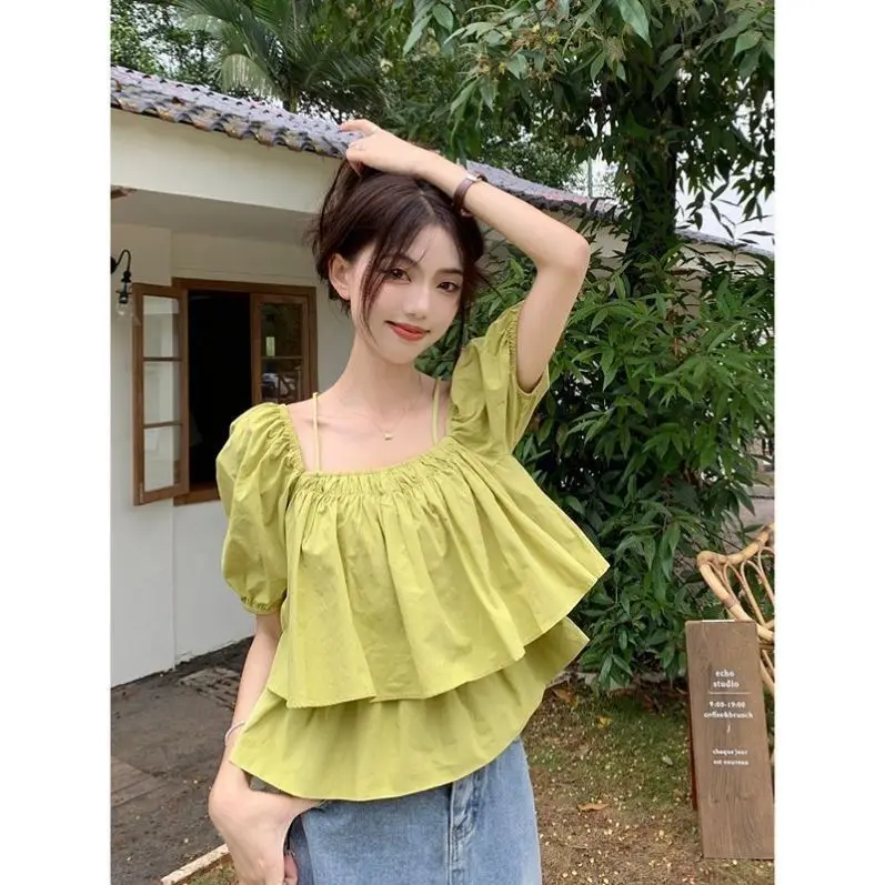 Women Solid Shirt Sweet Chic Puff Short Sleeve Female Blouse Korean Summer New Square Collar Loose All Match Ladies Crop Tops