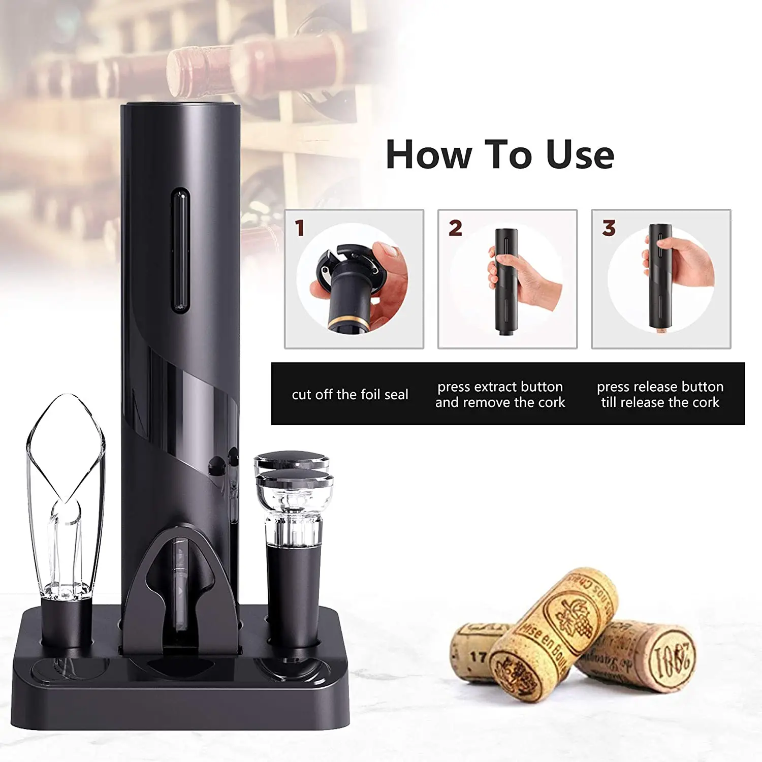 Circle joy Electric Wine Opener Set Operated Wine Bottle Corkscrew Opener with Foil Cutter, Wine Aerator Pourer, Vacuum Stoppers