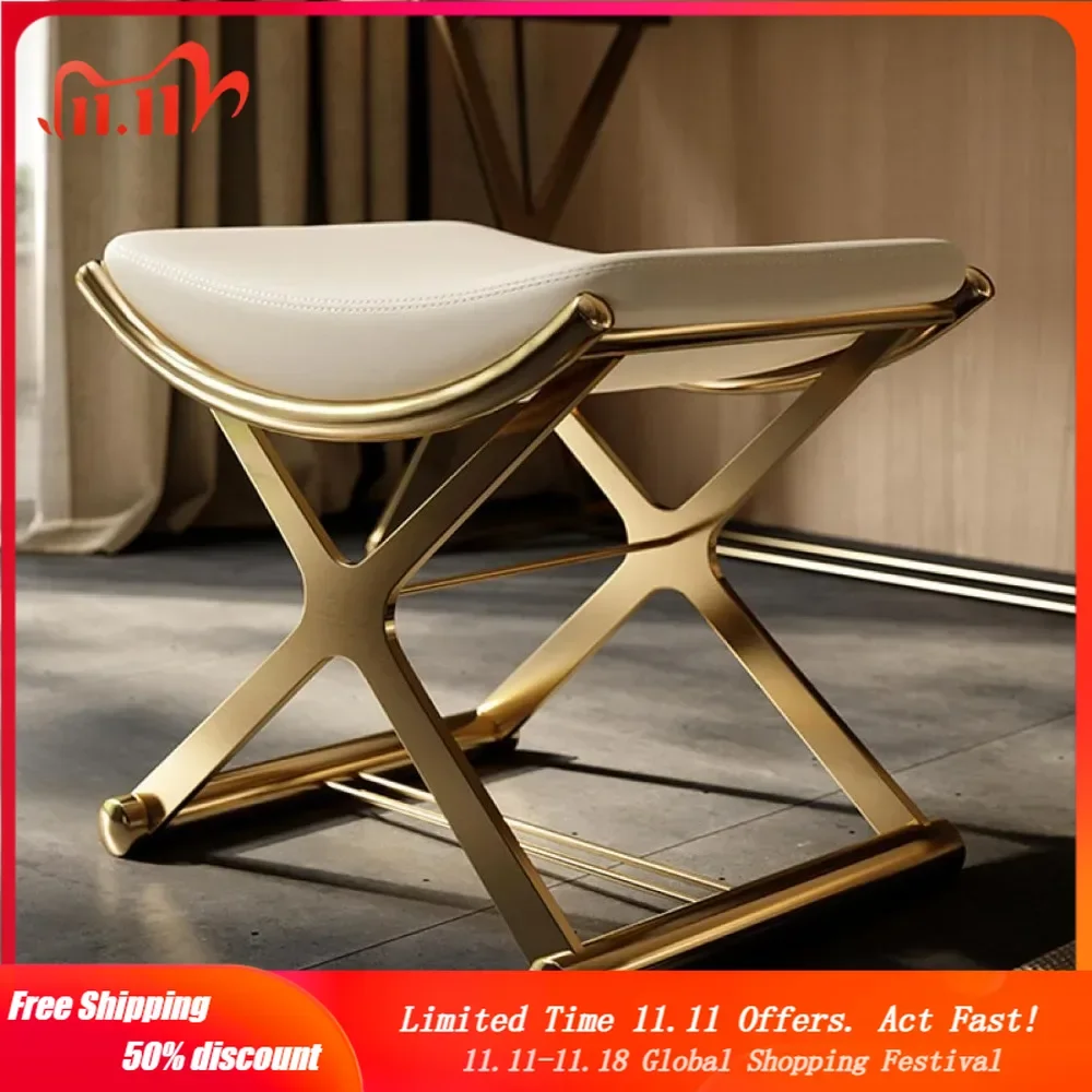 

Leather Ottoman Makeup Stool with Metal X Legs, Multifunctional Chairs for Makeup, Modern Padded Vanity Seat Foot Rest Stool