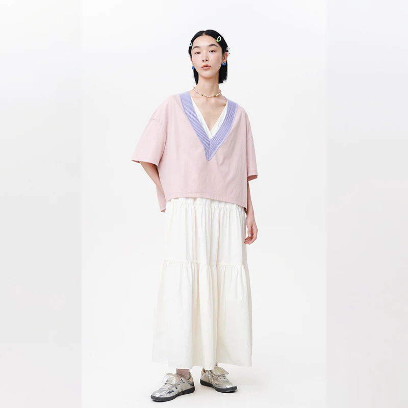 MOVEUP Short Sleeves V-Neck T-Shirt 2026 Summer New Contrast Collar Design Drop Sleeves Pure Cotton Top For Women 125210521