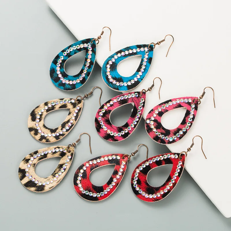 Source Personality Creative PU Leather Earrings Women's Retro Water Drop Shaped Hollow Rhinestone Earrings