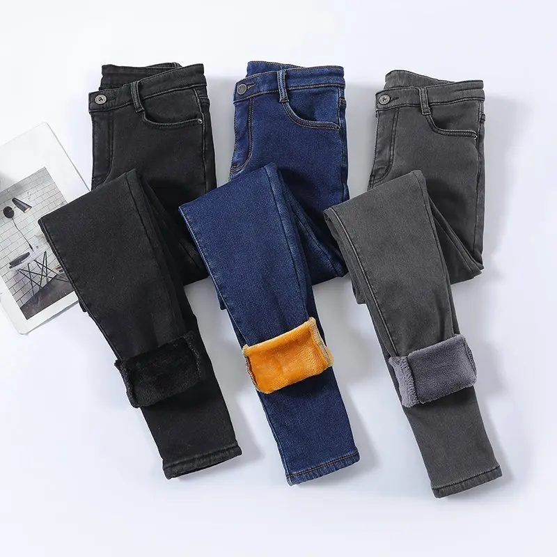 

New Autumn-winter Style One-piece Fleece Pencil Pants Dark Gray High-waist Thickened Denim Pants Women's Stretch Ankle Pants