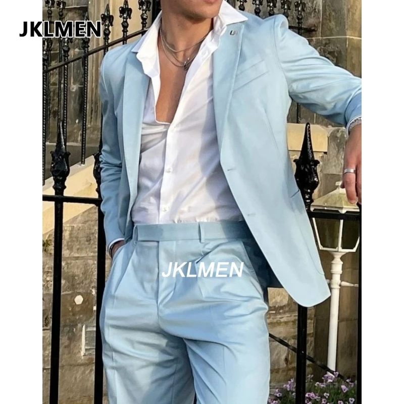 

Sky Blue Summer Men Suits Latest Designs Groom Tuxedos 2 Pieces (Jacket+Pants) Wedding Prom Dinner Party Man Suit Blazer