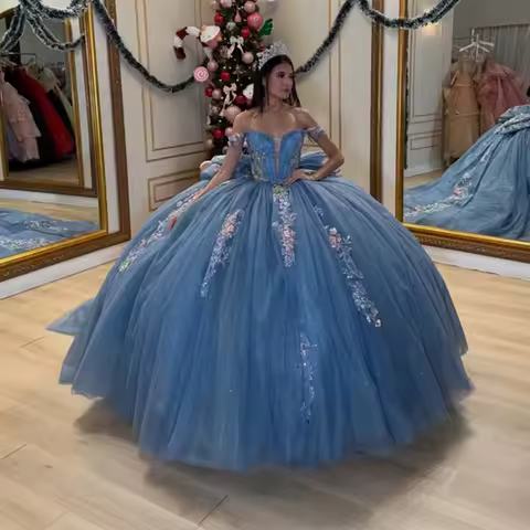 Blue Off The Shoulder Ball Gown Prom Dress Lace Appliques Lace Up Back Big Bow Evening Gowns Wedding Party Bridal Dress