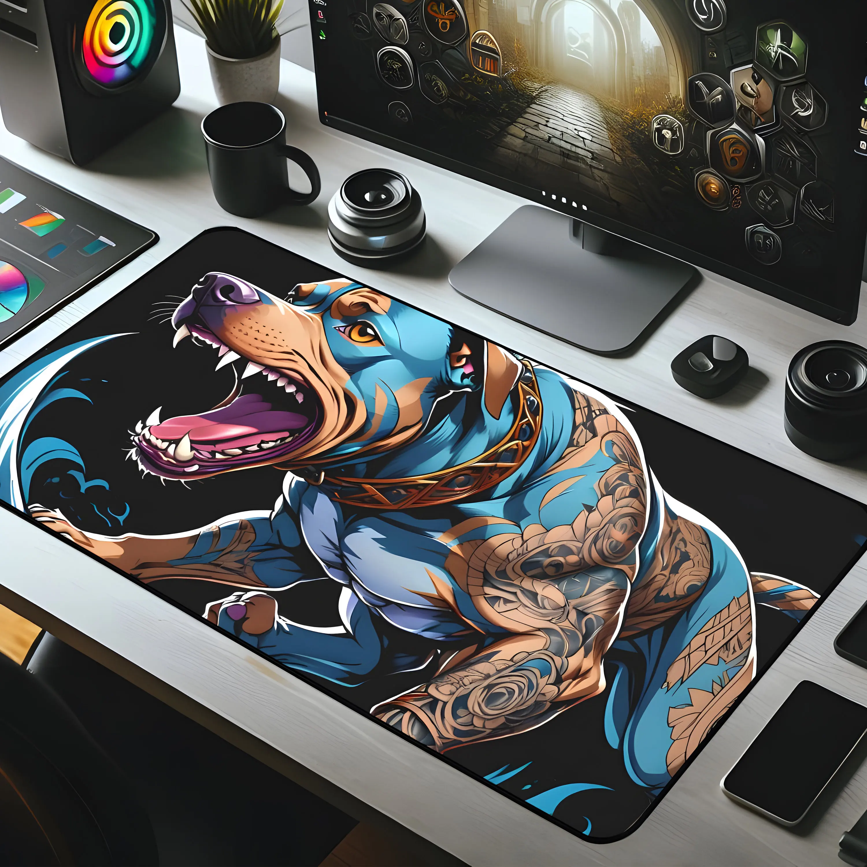 Pit Bull and Tiger Design Gaming Mouse Pad, Office Decor, Beautiful Mouse Pad, Desk Accessories, Large Mouse Pad, Art Desk Pad