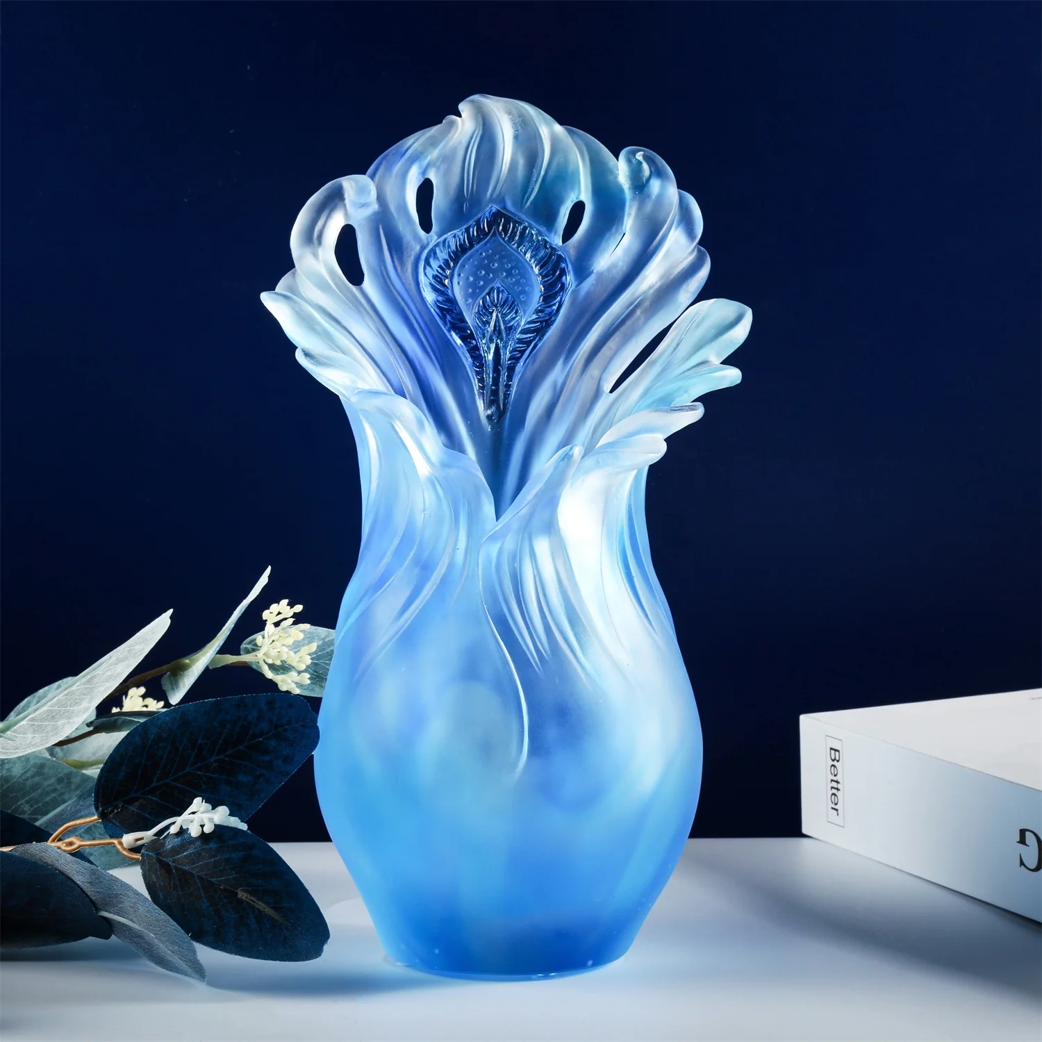 %W# Hot Sale Deluxe Blue Crystal Flower Vase Glass Vase  for Living Room Desktop