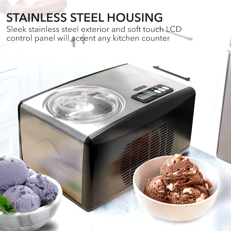 Ice Cream Maker Machine. Automatic with Built-in Compressor, LCD Digital Display & Timer, No Pre-Freezing, Stainless Steel