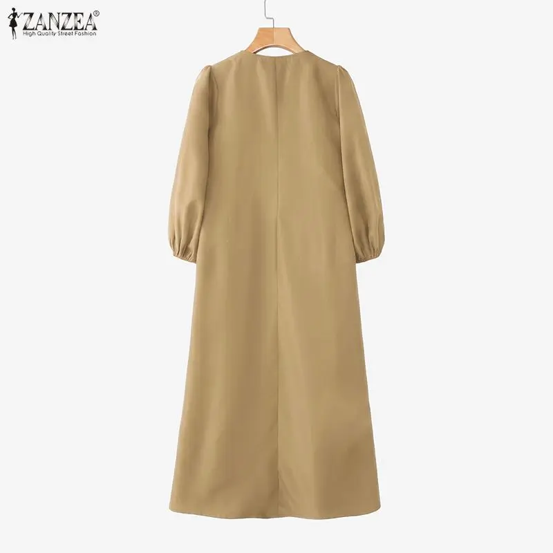 ZANZEA Muslim Women Lace Patchwork Maxi Dress Modet Fashion O-Neck Long Sleeve Loose Abaya Robes Islamic Hijabis Ramadan Kaftan