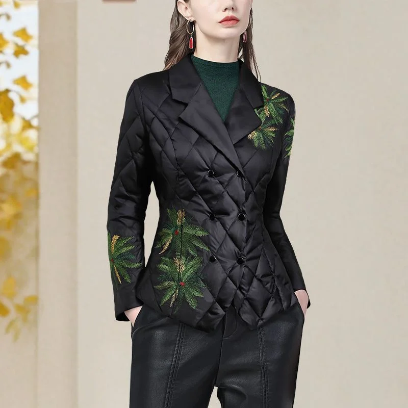 Down cotton jacket women's 2026 winter new short embroidered flower lightweight cotton Coat suit collar Warm suit jacket top