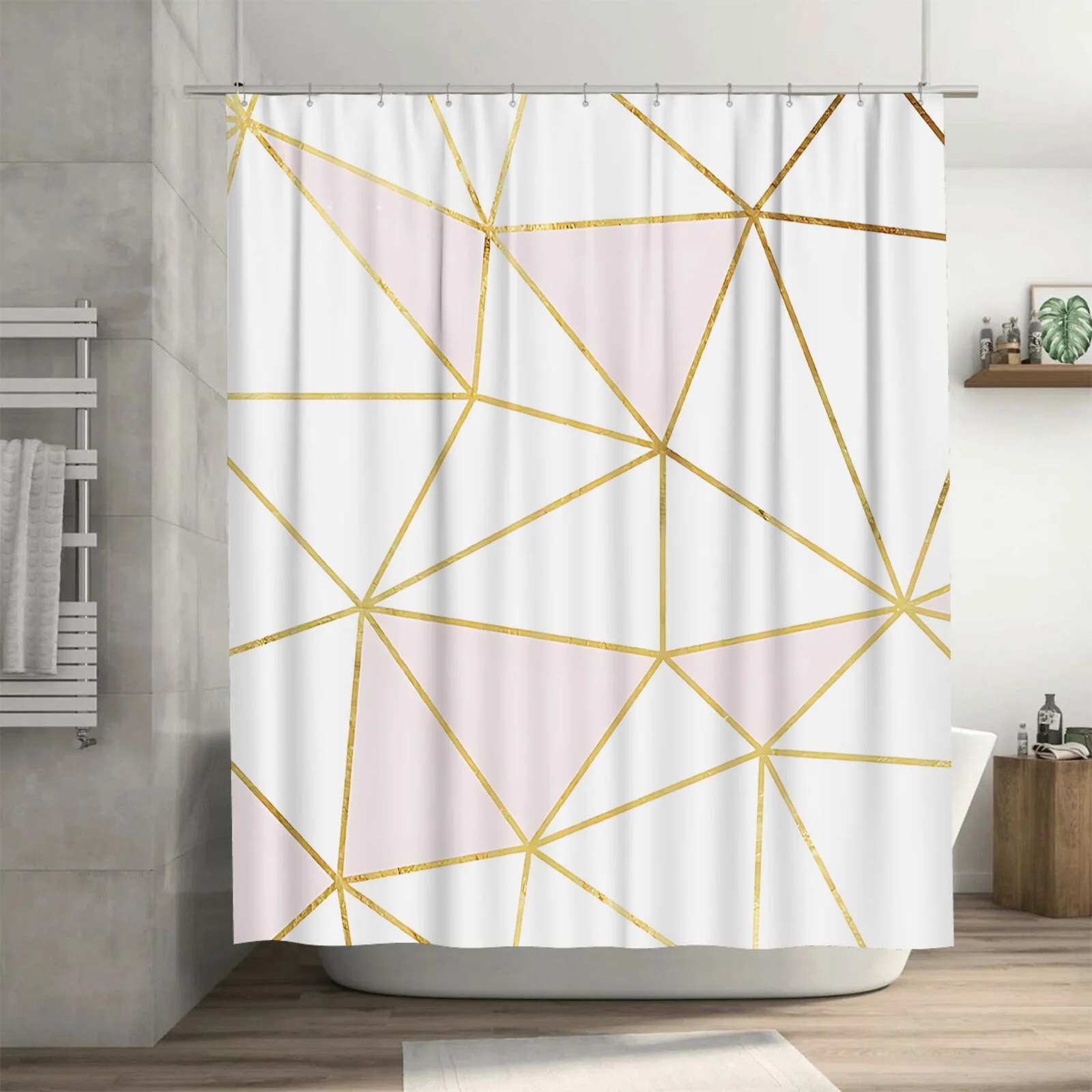 

Элегантная золотисто-белая занавеска для душа с геометрическим рисунком, современный минималистичный декор для ванной комнаты, розовые акценты, стильный модный домашний текстиль, легко чистится