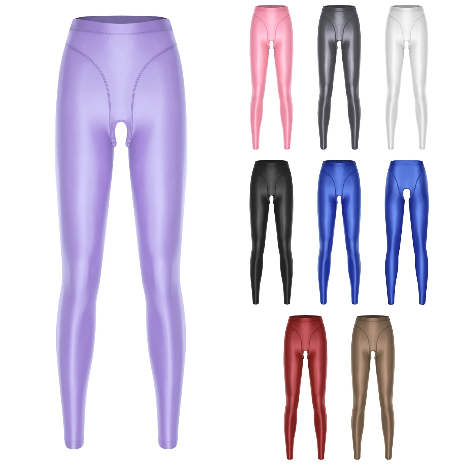 

Women Glossy Open Crotch High Waist Tights Elastic Waistband Leggings Yoga Skinny Pants for Workout Party Raves Party Clubwear