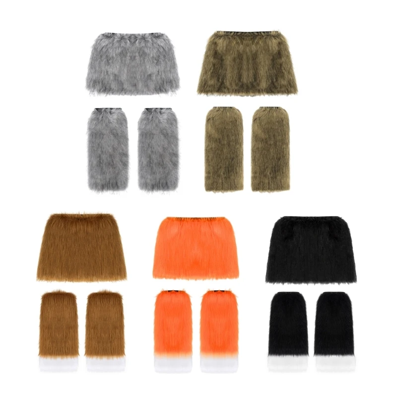 Faux Furs Fuzzy Leg Warmer with Bodycon Mini Skirt Winter Warm Faux Furs Outfits Halloween Cosplay Costume Accessories