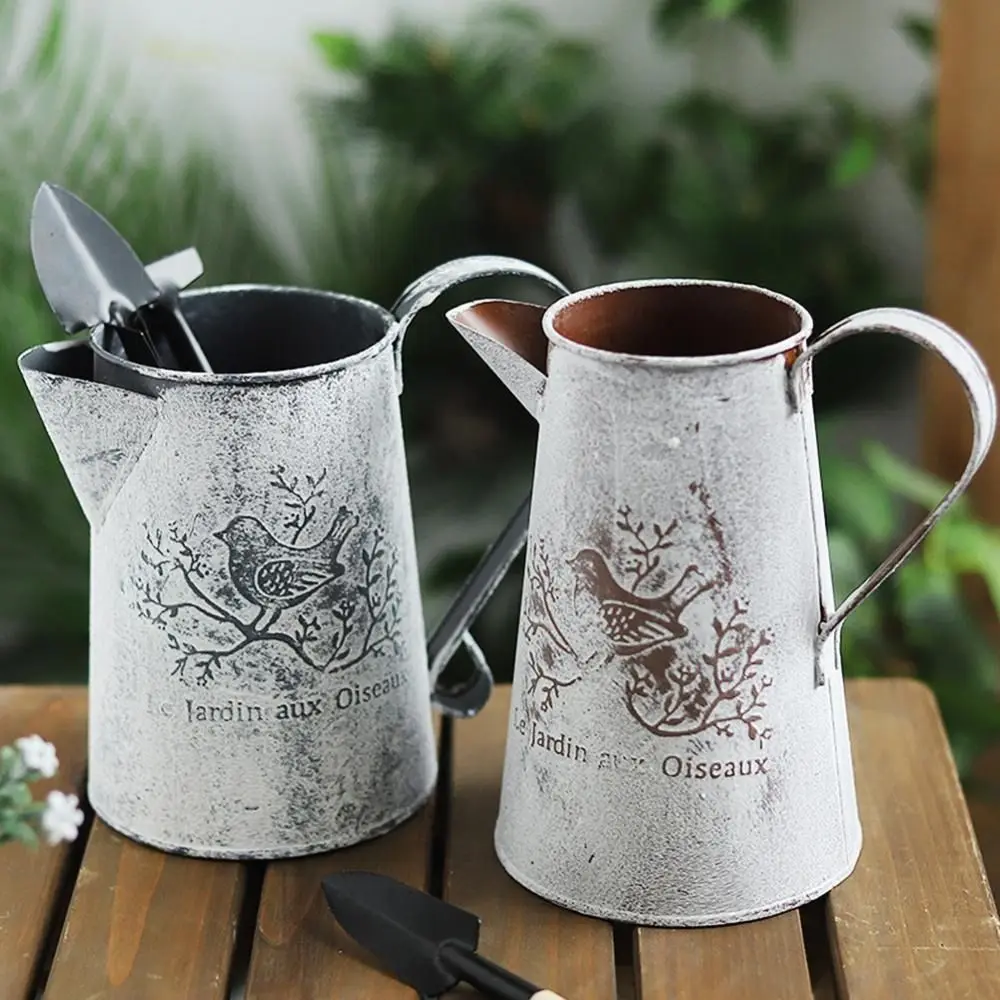 Container Birds Iron Art Bucket Empty French Script Dried Flower Vase Pastoral Iron Art Iron