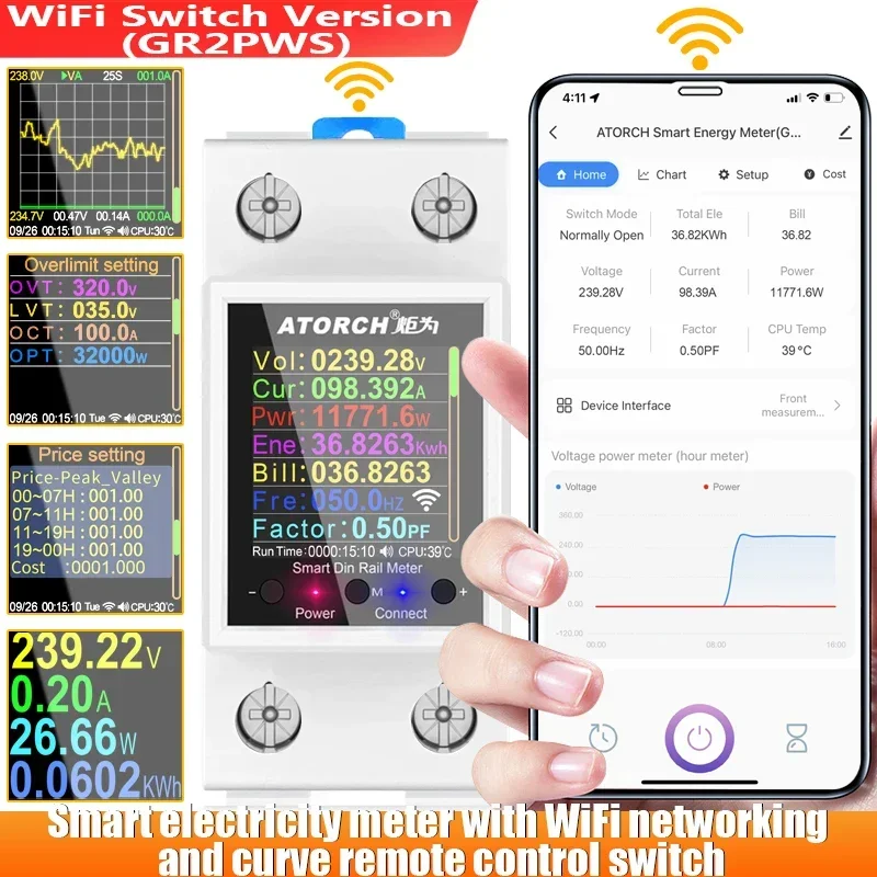 GR2PWS Smart Electricity Meter Tuya WiFi Din Rail Power Energy Meter AC50-320V Digital Display Monitor Voltage Curve Ammeter