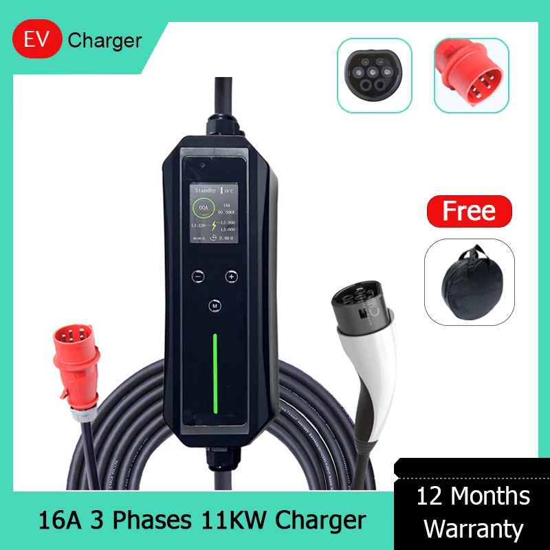 

Mode 2 IEC 62196 Type 2 Portable AC EV Charger 11KW 16A Fast Charging 450V 3 Phases TPU Adjustable Current With 2.4-inch Screen