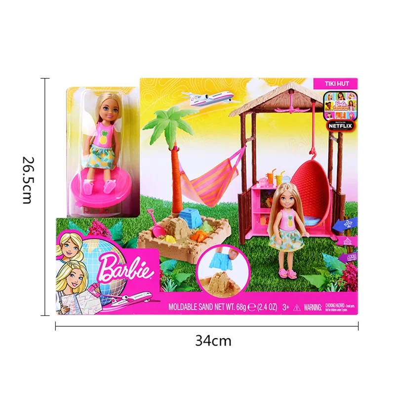 Original Barbie Chelsea Doll Beach Hut Travel Themed Playset Sand Toy Doll Accessories Girls Doll House Toys for Children Boneca