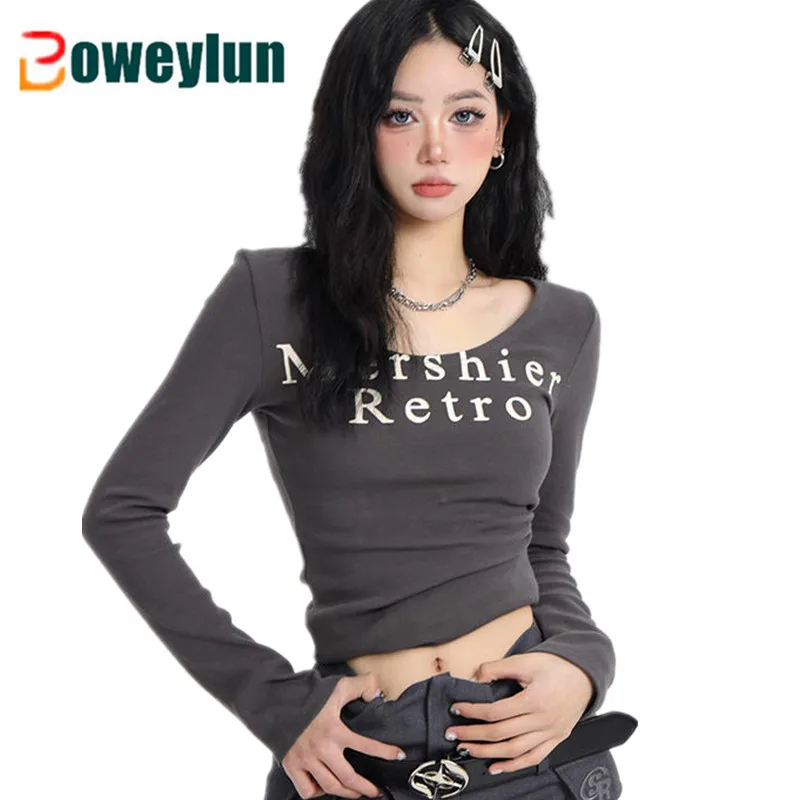 

Boweylun Korean Retro Letters U-Neck Long-Sleeved T-shirt Women Cotton Letter Short Spring Slim Tops Girls